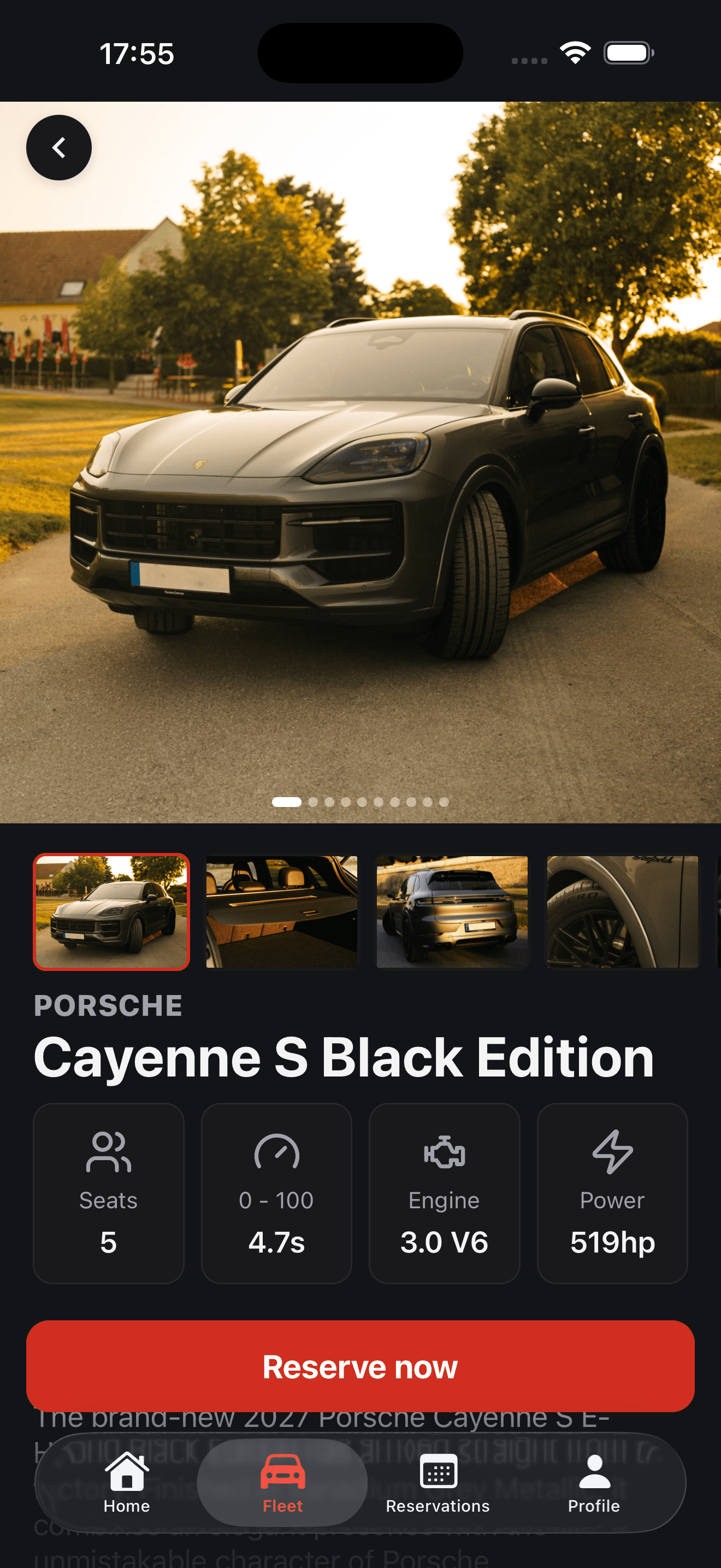 UCanRent app showing vehicle photos, specifications, and pricing