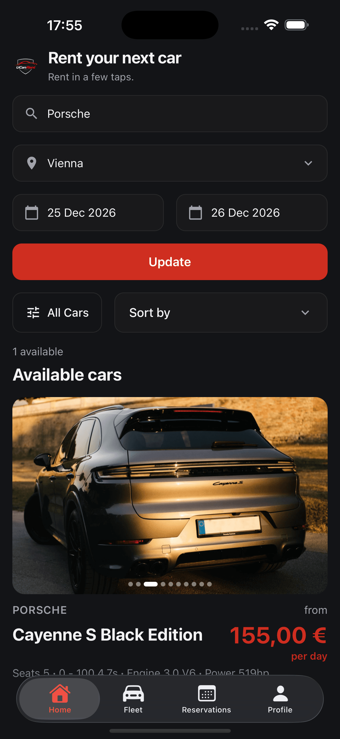 UCanRent app showing the car search and available vehicles